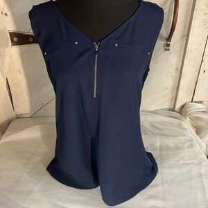 Fortune Ivy Navy Sleeveless Top with Zipper Detail Large